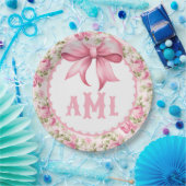 Roze Bow Coquette Baby shower Monogram Papieren Bordje (Feest)