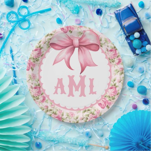 Roze Bow Coquette Baby shower Monogram Papieren Bordje (Feest)