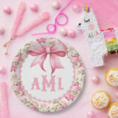 Roze Bow Coquette Baby shower Monogram Papieren Bordje (Feest)