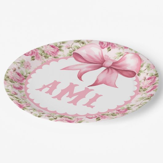 Roze Bow Coquette Baby shower Monogram Papieren Bordje (Gekanteld)