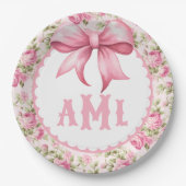 Roze Bow Coquette Baby shower Monogram Papieren Bordje (Voorkant)