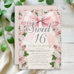 Roze Bow Coquette Bloemen  Sweet 16 Kaart<br><div class="desc">Elegante  roze coquette boog met blush roze waterverf bloemenblad (rozen) en geverfde groene waterverf bladeren op roze Sweet 16 verjaardagsfeestuitnodiging met sprankelende zilveren glitter. Neem contact met mij op voor hulp bij uw aanpassingen om extra matching of coördinatie van Zazzle producten voor uw evenement aan te vragen.</div>