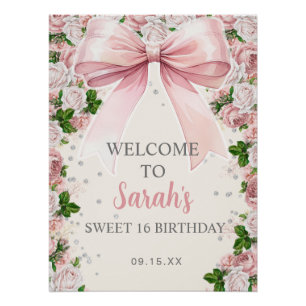 Roze Bow Coquette Bloemen Sweet 16 Perfect Poster