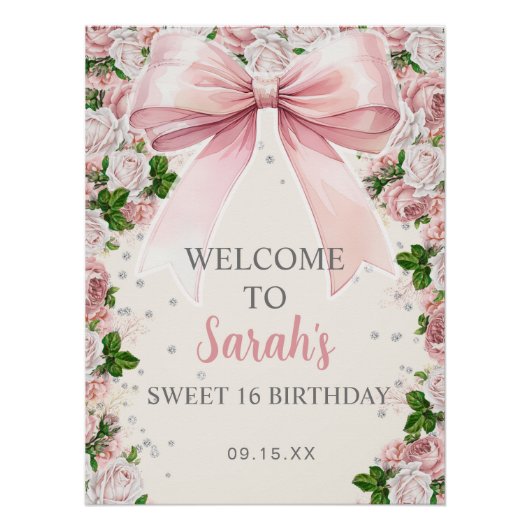 Roze Bow Coquette Bloemen Sweet 16 Perfect Poster (Voorkant)