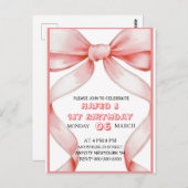 Roze Bow Coquette Bow verjaardagsuitnodiging, 13e  Briefkaart (Voorkant / Achterkant)
