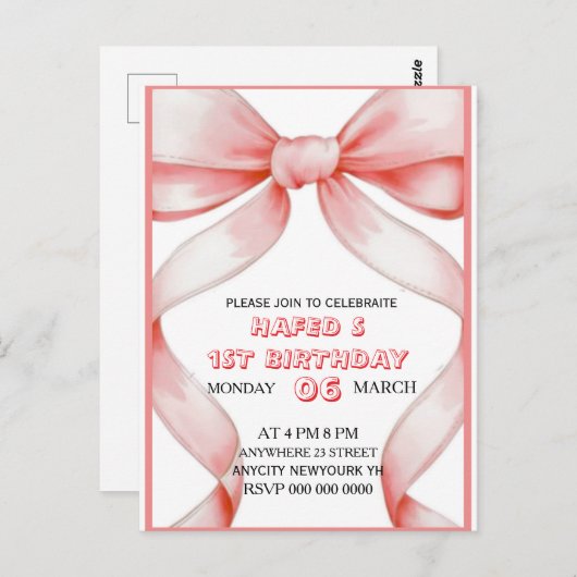 Roze Bow Coquette Bow verjaardagsuitnodiging, 13e  Briefkaart (Voorkant / Achterkant)