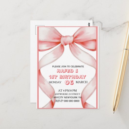 Roze Bow Coquette Bow verjaardagsuitnodiging, 13e  Briefkaart (Voorkant / Achterkant in situ)