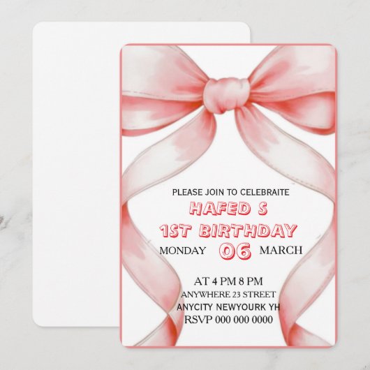 Roze Bow Coquette Bow verjaardagsuitnodiging, 13e Kaart (Voorkant / Achterkant)