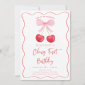 Roze Bow Coquette Cherry Eerste Verjaardag Kaart (Voorkant)