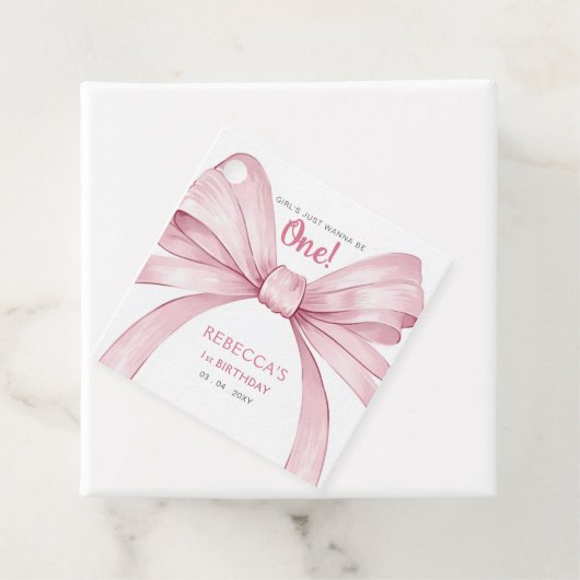 Roze Bow Coquette Eerste Verjaardag Bedankjes Labels (In situ)