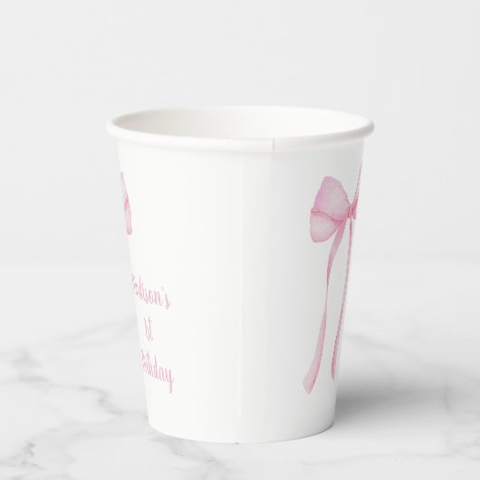 Roze Bow Coquette Eerste Verjaardag Papieren Bekers (Rechts)