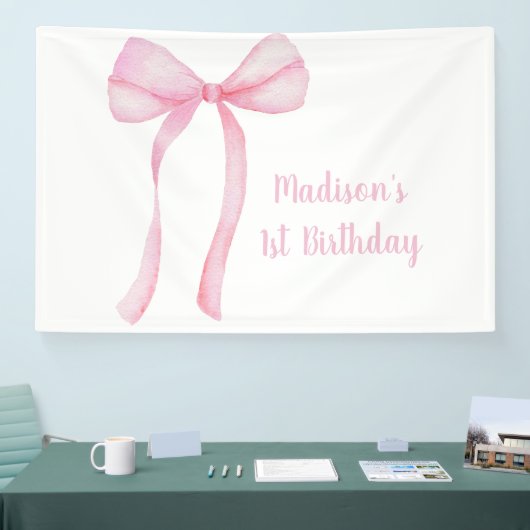 Roze Bow Coquette Eerste Verjaardag Spandoek (Beurs)
