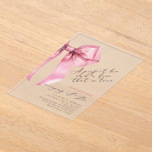 Roze Bow Coquette Elegant Vrijgezellenfeest Acryl Uitnodigingen (Laagn)