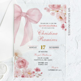 Roze Bow coquette floral Quinceanera Acryl Uitnodigingen