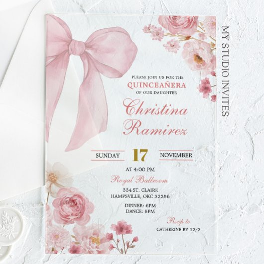 Roze Bow coquette floral Quinceanera Acryl Uitnodigingen