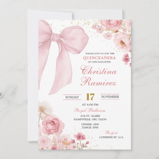 Roze Bow coquette floral Quinceanera Kaart (Voorkant)