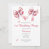 Roze Bow Coquette Girly 1e verjaardag Uitnodiging (Voorkant)