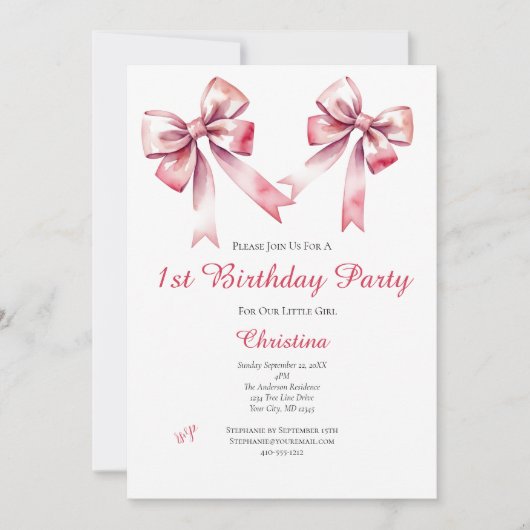 Roze Bow Coquette Girly 1e verjaardag Uitnodiging (Voorkant)