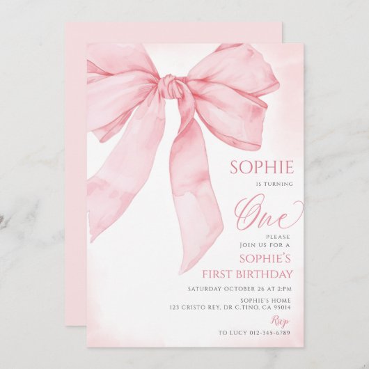 Roze Bow Coquette Meisje 1e verjaardag Kaart (Voorkant / Achterkant)