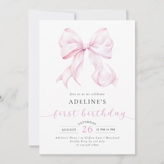 Roze Bow Coquette Meisje Eerste Verjaardag Kaart (Voorkant)