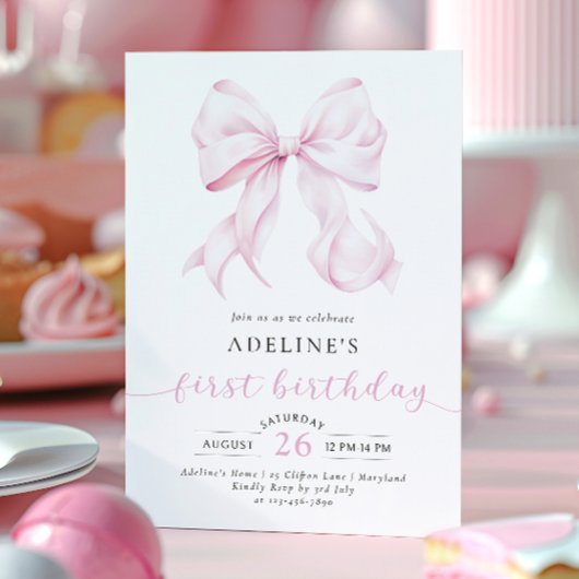 Roze Bow Coquette Meisje Eerste Verjaardag Kaart