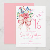 Roze Bow Coquette Moderne Bloemen Zoet 16 Verjaard Kaart (Voorkant / Achterkant)