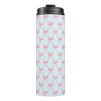 Roze Bow Coquette Patroon op Blauw Thermosbeker