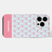 Roze Bow Coquette Patroon op Blauwe Aangepaste Naa iPhone Hoesje (Achterkant horizontaal)