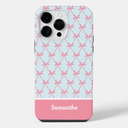 Roze Bow Coquette Patroon op Blauwe Aangepaste Naa iPhone Hoesje (Achterkant)