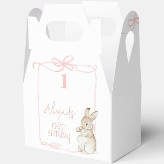 Roze Bow Coquette Peter het Konijn 1e Verjaardag Bedankdoosjes (Open)
