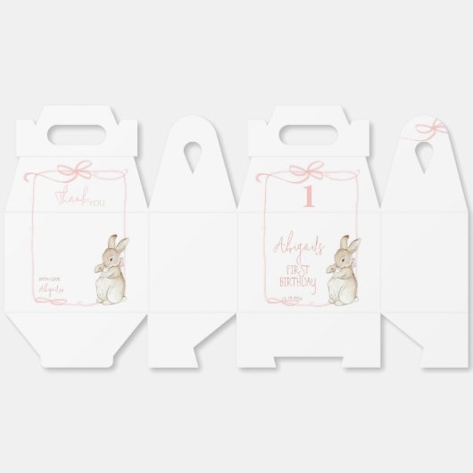 Roze Bow Coquette Peter het Konijn 1e Verjaardag Bedankdoosjes (Ongevouwen)