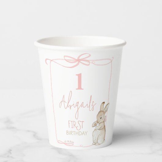 Roze Bow Coquette Peter het Konijn 1e Verjaardag Papieren Bekers (Voorkant)