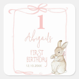 Roze Bow Coquette Peter het Konijn 1e Verjaardag Vierkante Sticker