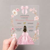Roze Bow Coquette Princess floral Quinceanera Acryl Uitnodigingen (Insitu (Draagbaar))