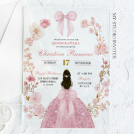 Roze Bow Coquette Princess floral Quinceanera Acryl Uitnodigingen