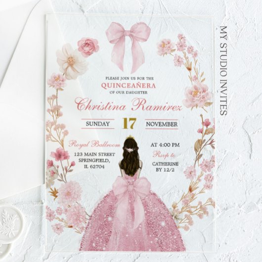 Roze Bow Coquette Princess floral Quinceanera Acryl Uitnodigingen