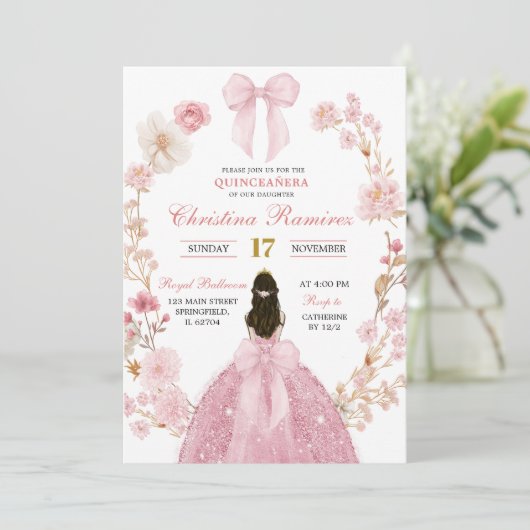 Roze Bow Coquette Princess floral Quinceanera Kaart (Staand voorkant)