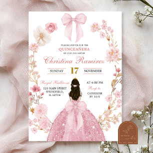 Roze Bow Coquette Princess floral Quinceanera Kaart