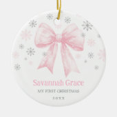 Roze Bow Coquette Ribbon Baby Meisje 1e Kerstmis Keramisch Ornament (Voorkant)