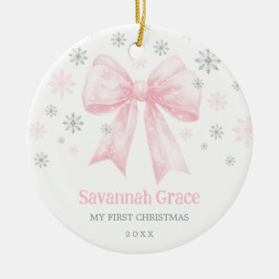 Roze Bow Coquette Ribbon Baby Meisje 1e Kerstmis Keramisch Ornament