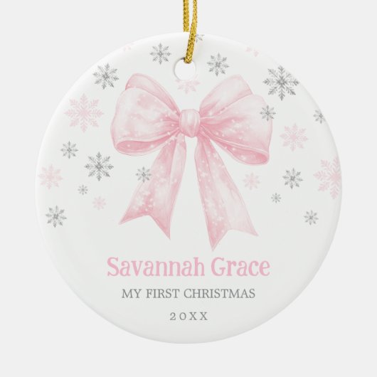 Roze Bow Coquette Ribbon Baby Meisje 1e Kerstmis Keramisch Ornament (Voorkant)