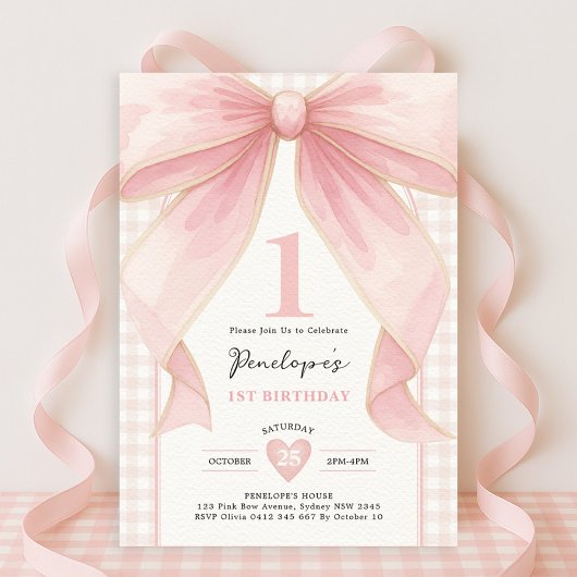  Roze Bow Coquette Ribbon Girl 1e Verjaardag Kaart