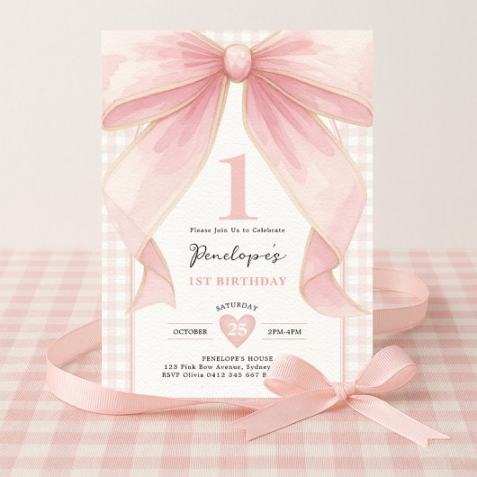 Roze Bow Coquette Ribbon Girl 1e Verjaardag Kaart