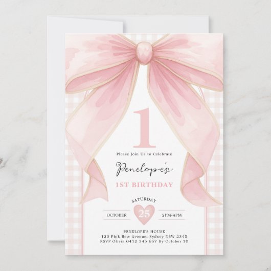  Roze Bow Coquette Ribbon Girl 1e Verjaardag Kaart (Voorkant)