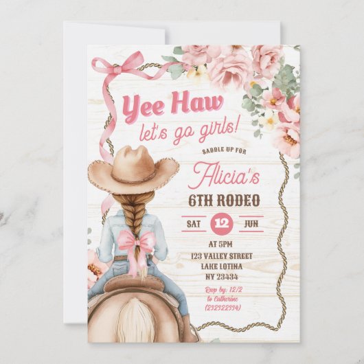 Roze Bow Coquette Rodeo Verjaardag Uitnodiging (Voorkant)