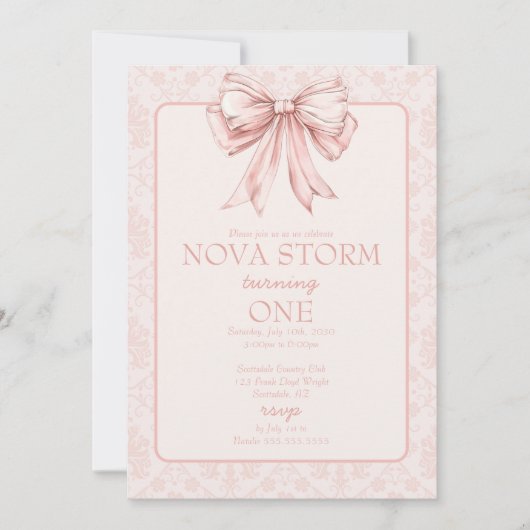 Roze Bow Coquette Toile Demask Milestone Verjaarda Kaart (Voorkant)