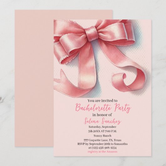 Roze Bow Coquette Waterverf vrijgezellenfeest Kaart (Voorkant / Achterkant)
