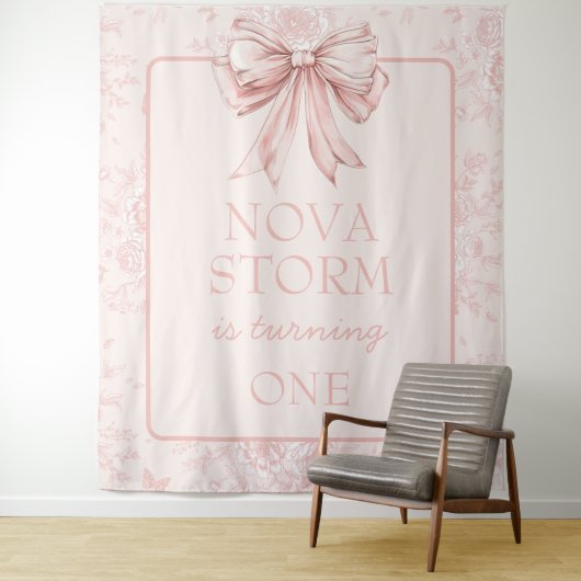 Roze Bow Coquette Whimsy Toile Custom Welkom Teken Wandkleed (In situ)