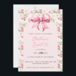 Roze Bow Coquette Zoet 16 Kaart<br><div class="desc">Deze prachtige Sweet 16 verjaardagsuitnodiging heeft een roze strik. Rond de rand is een roze huisje roos rand. U kunt personaliseren met alle details voor uw speciale evenement. De achterkant heeft een huisje tuin roos trellis patroon.</div>