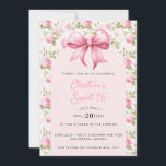 Roze Bow Coquette Zoet 16 Kaart<br><div class="desc">Deze prachtige Sweet 16 verjaardagsuitnodiging heeft een roze strik. Rond de rand is een roze huisje roos rand. U kunt personaliseren met alle details voor uw speciale evenement. De achterkant heeft een huisje tuin roos trellis patroon.</div>